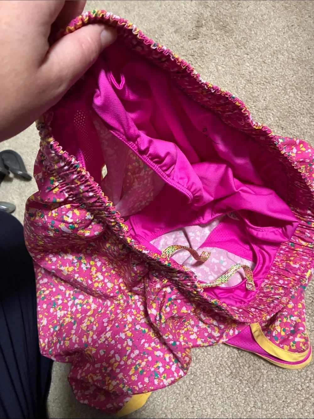 Nike Bright Pink Confetti Athletic Shorts with Yellow Trim